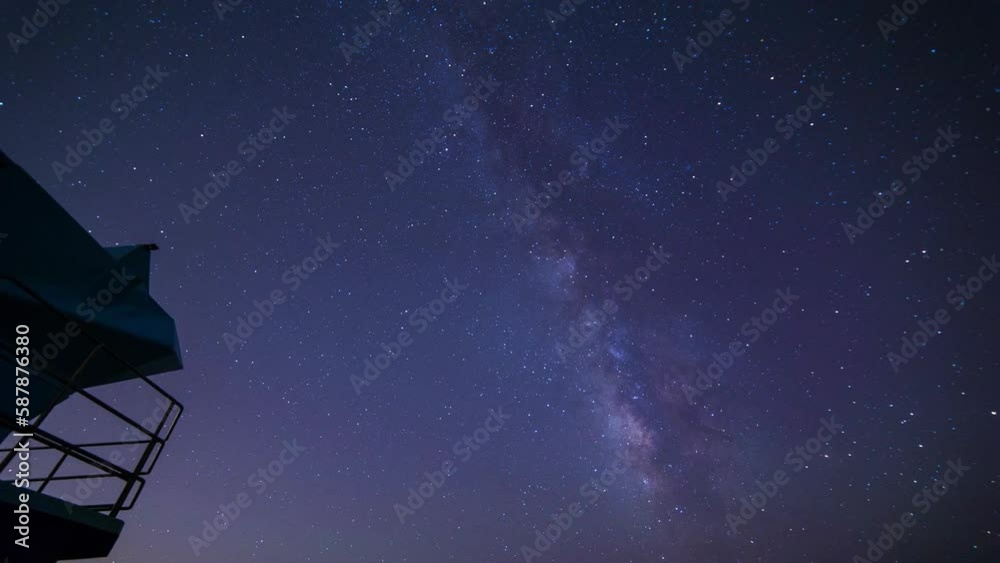 Time Lapse Tilt Up Shot Of Beach Hut Under Milky Way Starry Light At Night - San Diego, California