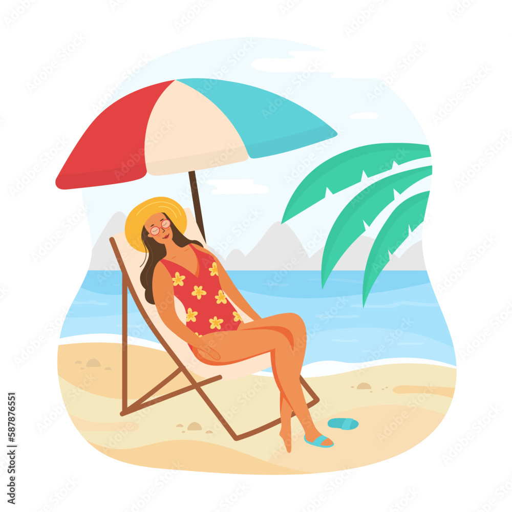 Woman in swimsuit sunbathing lying on lounger Woman in swimsuit sunbathing lying on lounger