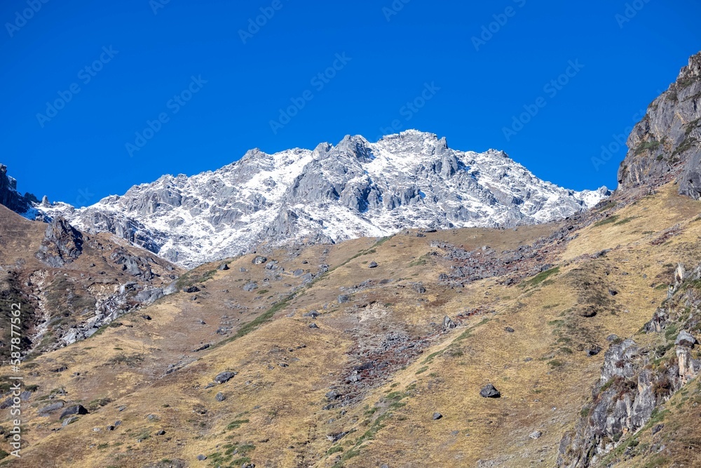Himalaya landscape, Panoramic view of himalayan mountain covered with snow. Himalaya mountain  landscape in winter in kedarnath valley.