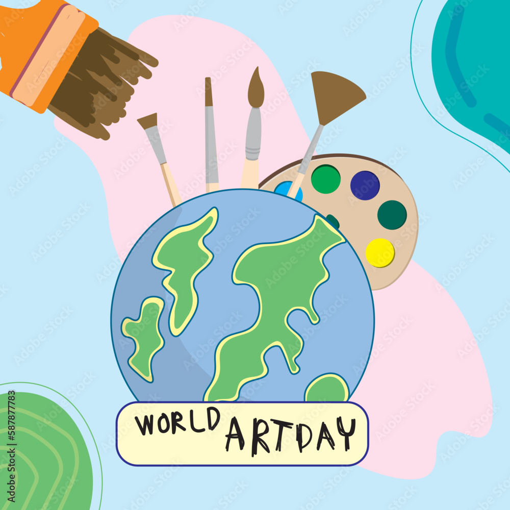Fototapeta premium world art day greeting card with paint brushes and earth.