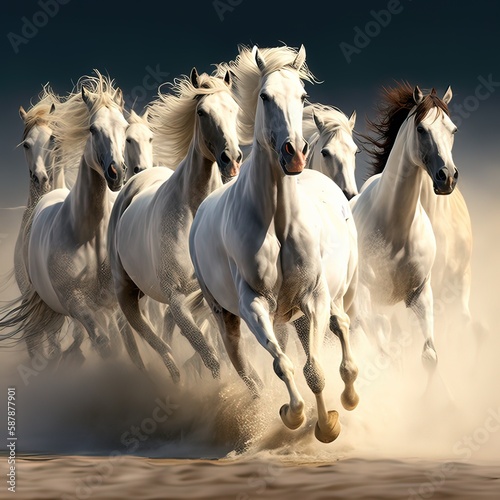 Horse herd run in desert sand storm against dramatic sky. Generative ai