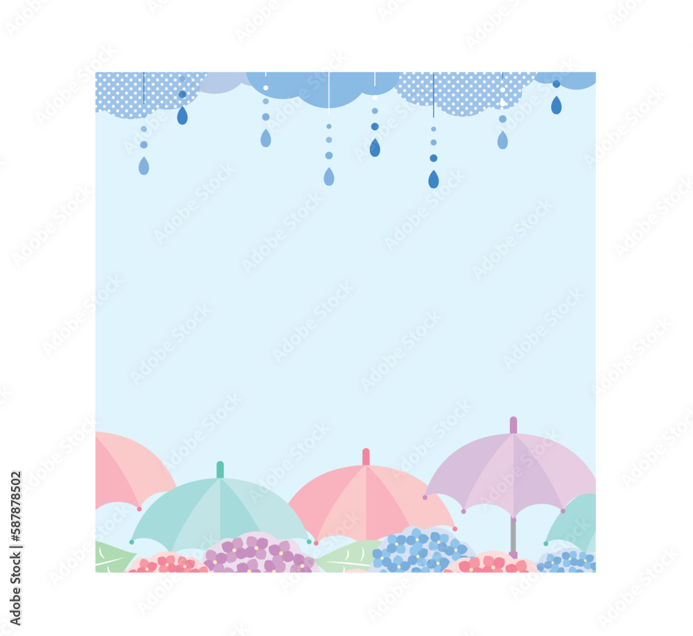Φωτογραφία 梅雨・雨の日の紫陽花と傘のフレーム_四角