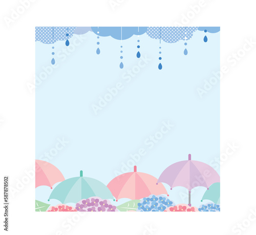 梅雨・雨の日の紫陽花と傘のフレーム_四角