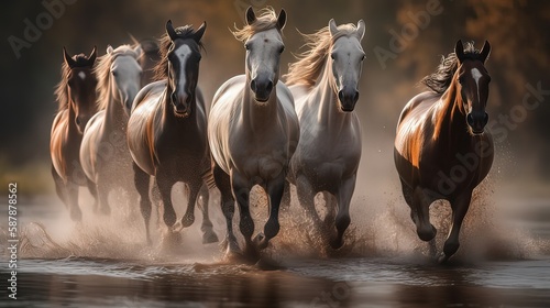 Horse herd run in desert sand storm against dramatic sky. Generative ai