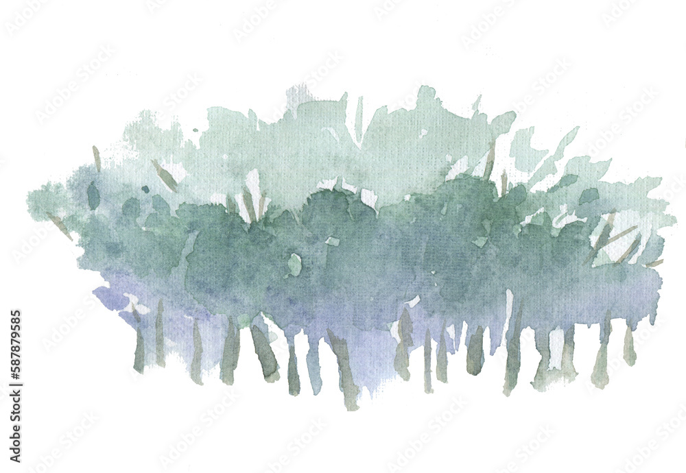 Naklejka premium A beautiful hand watercolor painting of a group of green blue bushes. Gentle, touching, detailed. Haze and visual perspective. Landscape design architecture visualisation 