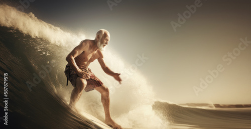 Mature surfer on board in the sea on vacation. Old man surfing during retirement on holiday in summer. Generative AI.