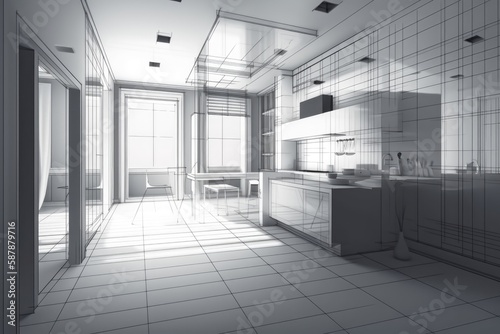 minimalist white kitchen with a sink and a large window. Generative AI