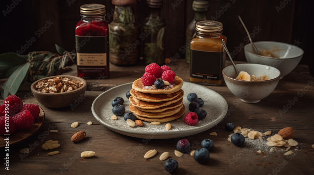 Stack of vegan pancakes on a rustic table. Healthy diet nutrition concept
