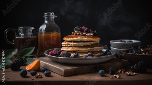 Stack of vegan pancakes on a rustic table. Healthy diet nutrition concept © IonelV