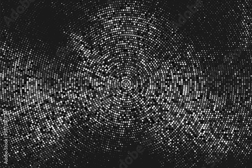 Black And White Halftone Dotted Backdrop.Monochrome Pop Art Style Background. Silver Explosion Of Confetti. Digitally Generated Image. Vector Illustration, Eps 10. 