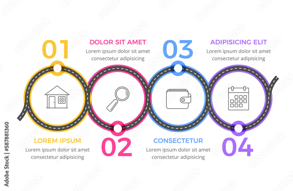 Naklejka premium Road infographics template with four elements with place for your icons and text