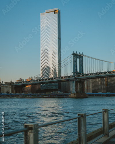View of out-of-place tall building and the Manhattan Bridge across the East River, Brooklyn, New York