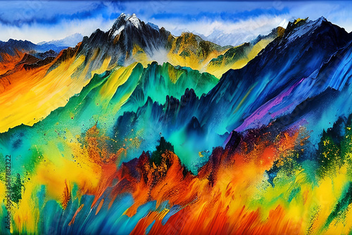 Water color or oil painting fine art illustration of abstract colorful panoramic mountain and nature print digital art. Generative AI. © Riocool