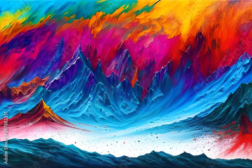 Water color or oil painting fine art illustration of abstract colorful panoramic mountain and nature print digital art. Generative AI.
