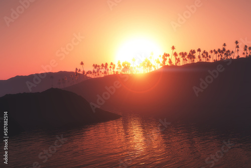 3D palm tree island against a sunset sky