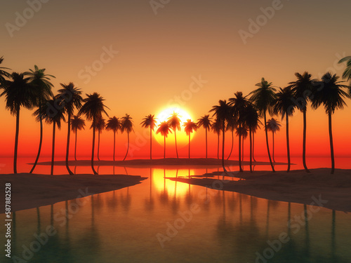 3D palm tree landscape against a sunset sky