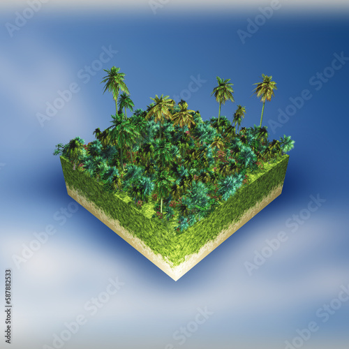 3D abstract landscape with a palm tree cube