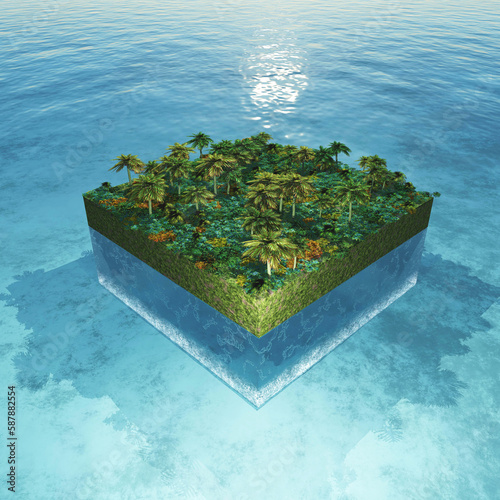 3D abstract landscape with a palm tree cube in the ocean