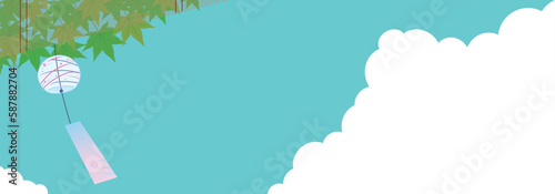 雲が広がる青空と風鈴の夏の広告バナーテンプレート　Summer ad banner template of blue sky with clouds and wind chimes