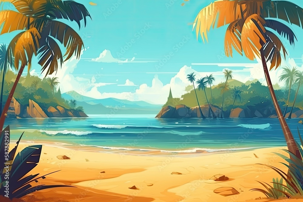 Fototapeta premium serene tropical beach with palm trees swaying in the breeze. Generative AI