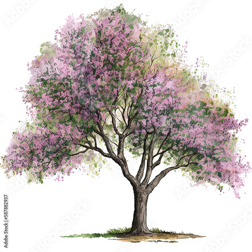Watercolor blooming cherry tree illustration on white background. Ai generated