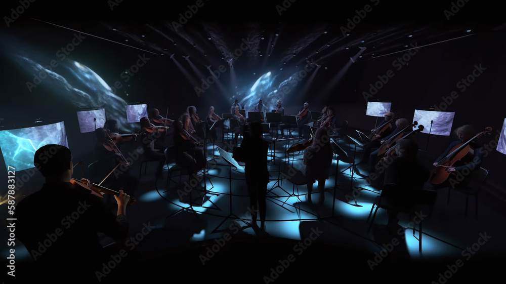 Virtual Symphony: Ethereal Hologram Center with Stunning RTX Visuals and Cinematic Lighting for Concert Concept Art - obrazy, fototapety, plakaty 