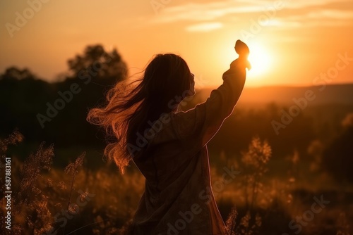 Photo of a woman standing in a field with her arms in the air at sunset created with Generative AI technology