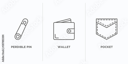 woman clothing outline icons set. thin line icons such as perdible pin, wallet, pocket vector. linear icon sheet can be used web and mobile photo