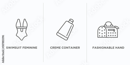 woman clothing outline icons set. thin line icons such as swimsuit feminine, creme container black, fashionable hand bag vector. linear icon sheet can be used web and mobile