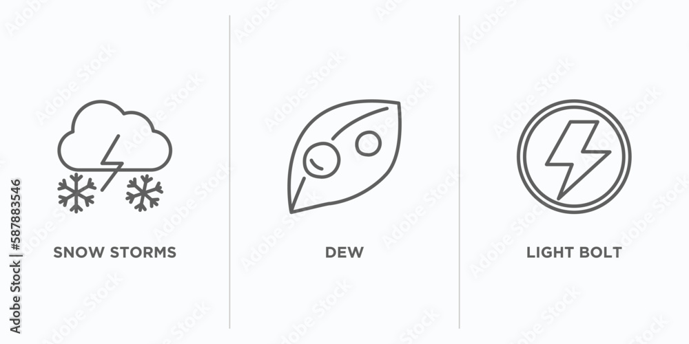 weather outline icons set. thin line icons such as snow storms, dew, light bolt vector. linear icon sheet can be used web and mobile weather outline icons set. thin line icons such as snow storms, dew, light bolt vector. linear icon sheet can be used web and mobile