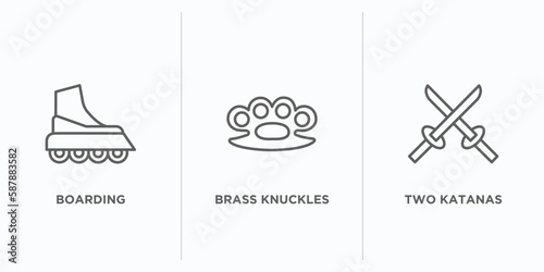 weapons outline icons set. thin line icons such as boarding, brass knuckles, two katanas vector. linear icon sheet can be used web and mobile