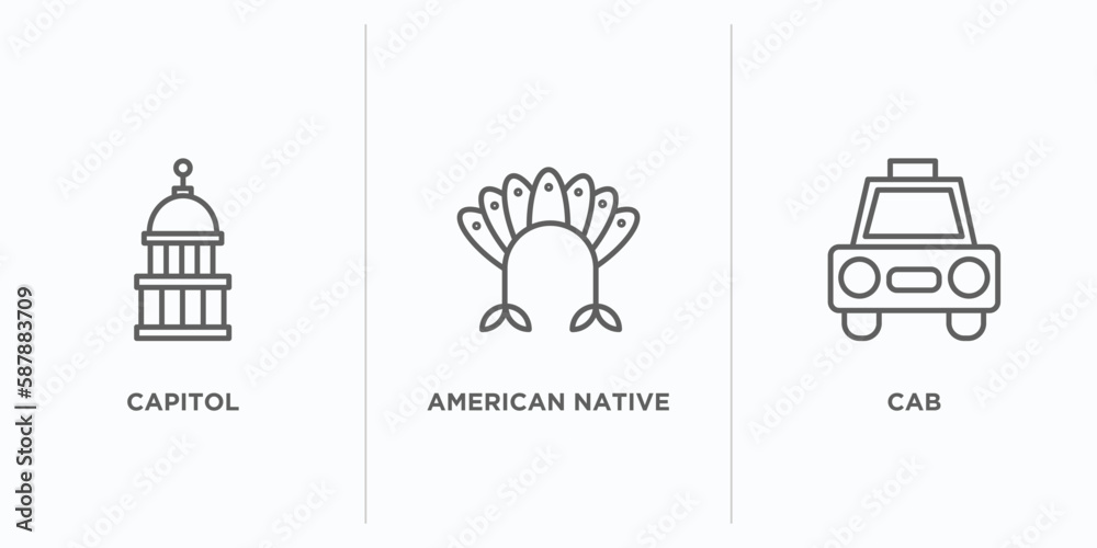 united states of america outline icons set. thin line icons such as capitol, american native, cab vector. linear icon sheet can be used web and mobile united states of america outline icons set. thin line icons such as capitol, american native, cab vector. linear icon sheet can be used web and mobile