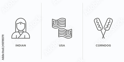 united states of america outline icons set. thin line icons such as indian, usa, corndog vector. linear icon sheet can be used web and mobile
