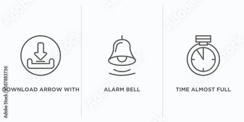ultimate glyphicons outline icons set. thin line icons such as download arrow with bar, alarm bell, time almost full vector. linear icon sheet can be used web and mobile