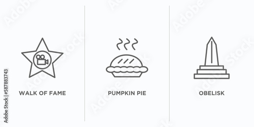 united states of america outline icons set. thin line icons such as walk of fame, pumpkin pie, obelisk vector. linear icon sheet can be used web and mobile