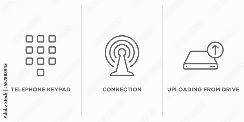 collection. thin linear outline icons set. thin line icons such as telephone keypad, connection, uploading from drive vector. linear icon sheet can be used web and mobile collection. thin linear outline icons set. thin line icons such as telephone keypad, connection, uploading from drive vector. linear icon sheet can be used web and mobile