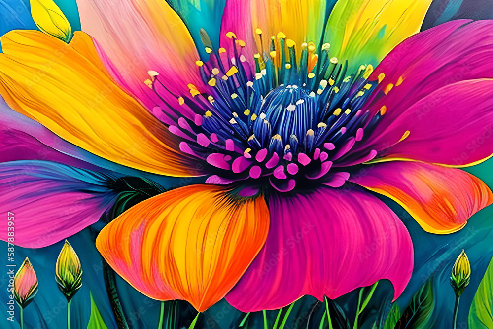 Obraz premium Water color or oil painting fine art illustration of abstract close up colorful nature and blooming floral. Flowers print digital art. Generative AI.
