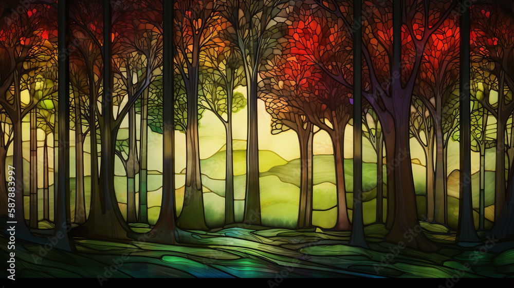 Enchanted Forest: A Luminous Stained Glass Backdrop with Towering Trees - obrazy, fototapety, plakaty 