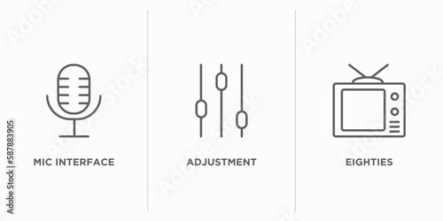 user interface outline icons set. thin line icons such as mic interface, adjustment, eighties vector. linear icon sheet can be used web and mobile