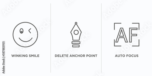 user interface outline icons set. thin line icons such as winking smile, delete anchor point, auto focus vector. linear icon sheet can be used web and mobile
