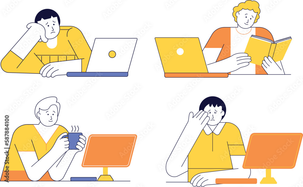 Set of young people working at home. Flat style vector illustration.
