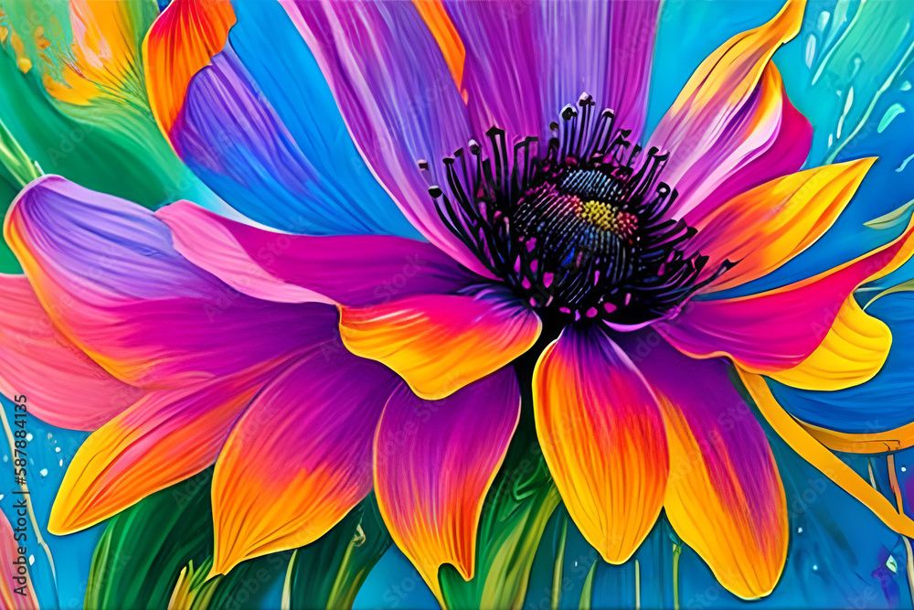 Obraz premium Water color or oil painting fine art illustration of abstract close up colorful nature and blooming floral. Flowers print digital art. Generative AI.