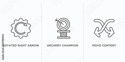 user interface outline icons set. thin line icons such as rotated right arrow, archery champion, move content vector. linear icon sheet can be used web and mobile