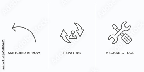 user interface outline icons set. thin line icons such as sketched arrow, repaying, mechanic tool vector. linear icon sheet can be used web and mobile