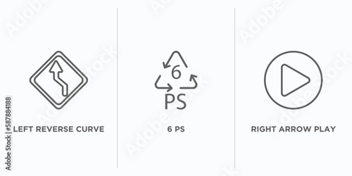 user interface outline icons set. thin line icons such as left reverse curve, 6 ps, right arrow play button vector. linear icon sheet can be used web and mobile