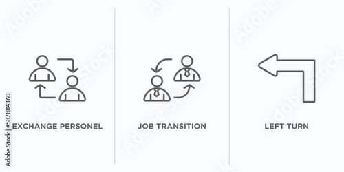 user interface outline icons set. thin line icons such as exchange personel, job transition, left turn vector. linear icon sheet can be used web and mobile