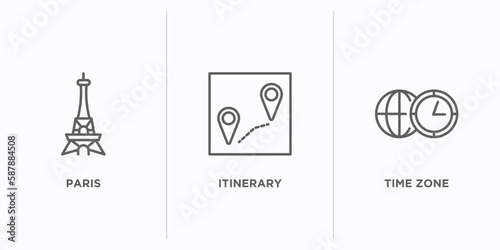 travel outline icons set. thin line icons such as paris, itinerary, time zone vector. linear icon sheet can be used web and mobile