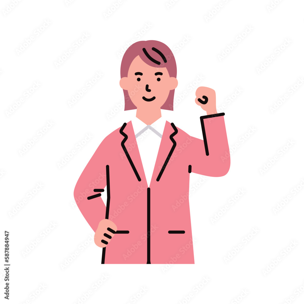 人物_ビジネス03_女性_上半身_腰に手をあて拳を上げる_左手