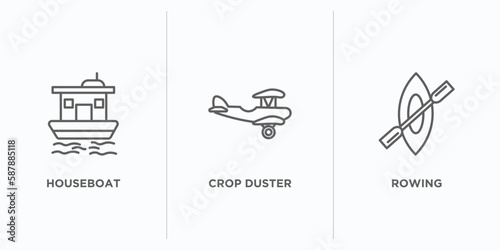 transportation outline icons set. thin line icons such as houseboat, crop duster, rowing vector. linear icon sheet can be used web and mobile