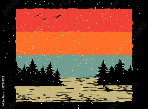 Retro Sunset . 70s Style Grunge Striped Sunset Forest Landscape Retro Background
